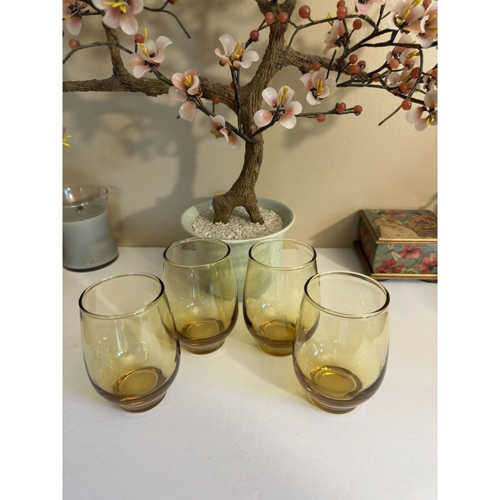 Vintage Set of 4 Libbey Tempo Amber Roly Poly Drink Juice Glasses Mid Century